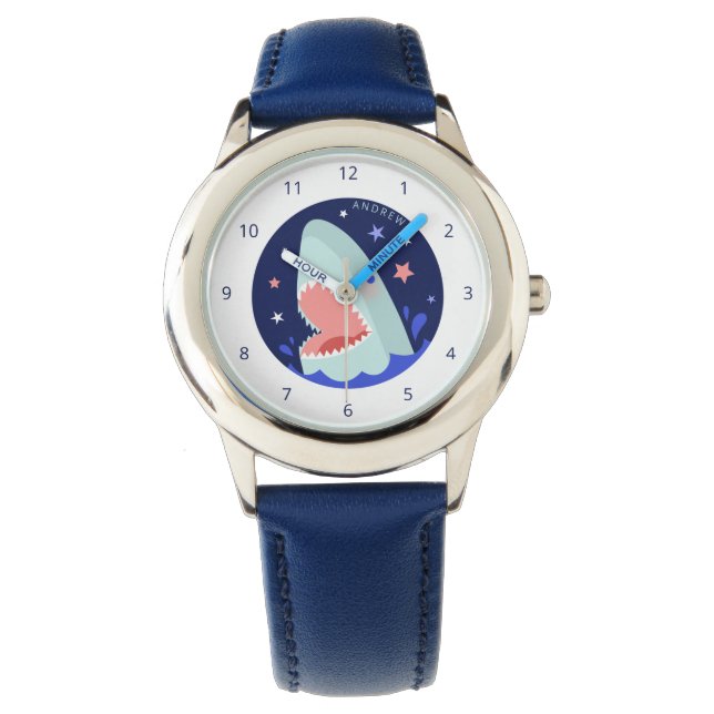 Funny Boy Shark Navy Blue Nautical Kids Name Sea  Watch (Front)