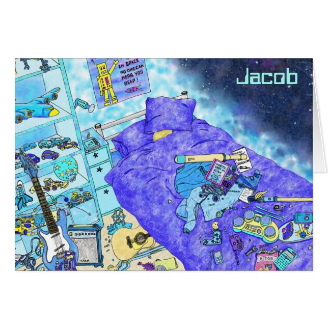 Funny Boys Messy Bedroom Blue Art Humour Birthday (Front Horizontal)