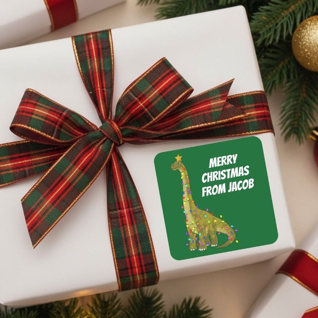 Funny Brachiosaurus Christmas Tree Dinosaur Square Sticker (Creator Uploaded)