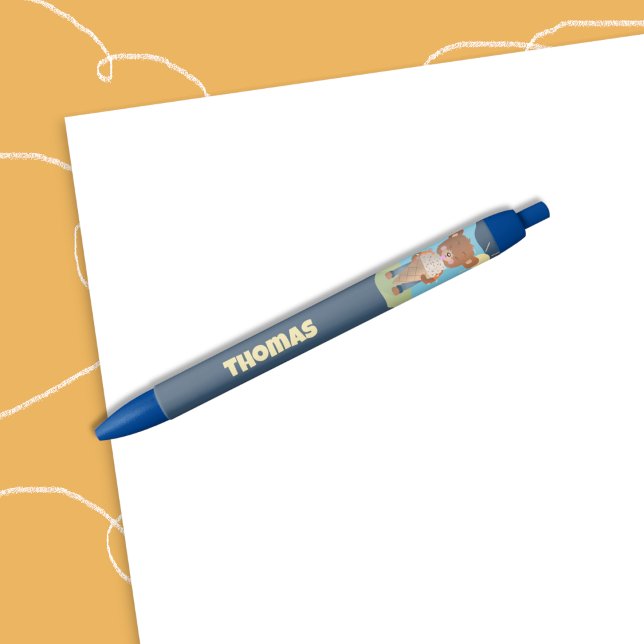Funny Brain Freeze Kid Pen with Name (Funny kid pen with name featuring a brown bear getting a brain freeze eating an ice cream too fast .)