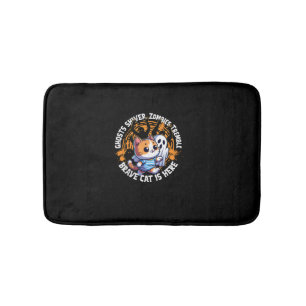 Funny Brave Cat Walking Scared Ghost Who Loves Hal Bath Mat