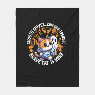 Funny Brave Cat Walking Scared Ghost Who Loves Hal Fleece Blanket
