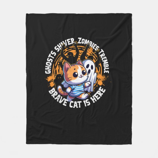 Funny Brave Cat Walking Scared Ghost Who Loves Hal Fleece Blanket (Front)