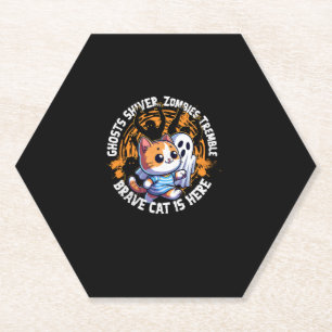 Funny Brave Cat Walking Scared Ghost Who Loves Hal Paper Coaster