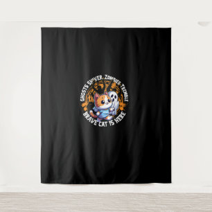 Funny Brave Cat Walking Scared Ghost Who Loves Hal Tapestry
