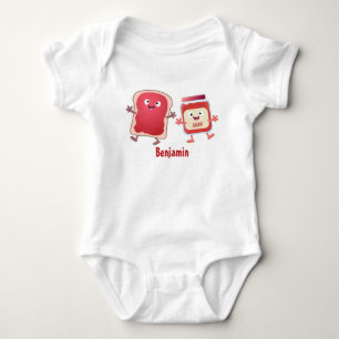 Funny bread and jam cartoon characters  baby bodysuit