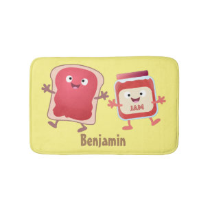 Funny bread and jam cartoon characters bath mat