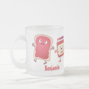 Funny bread and jam cartoon characters frosted glass coffee mug