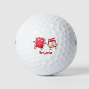 Funny bread and jam cartoon characters golf balls
