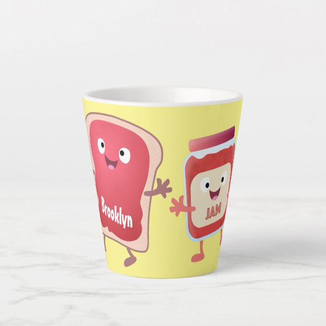 Funny bread and jam cartoon characters latte mug (Front)