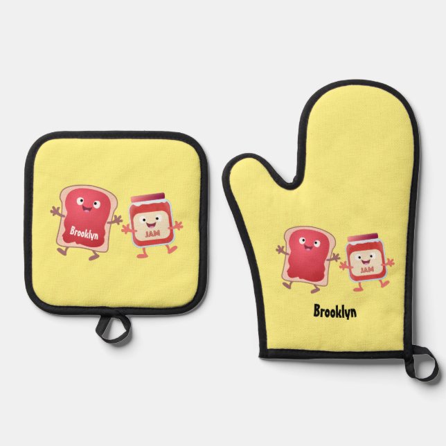 Funny bread and jam cartoon characters oven mitt & pot holder set (Front)