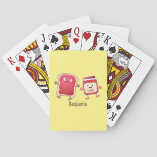 Funny bread and jam cartoon characters playing cards