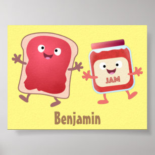 Funny bread and jam cartoon characters poster