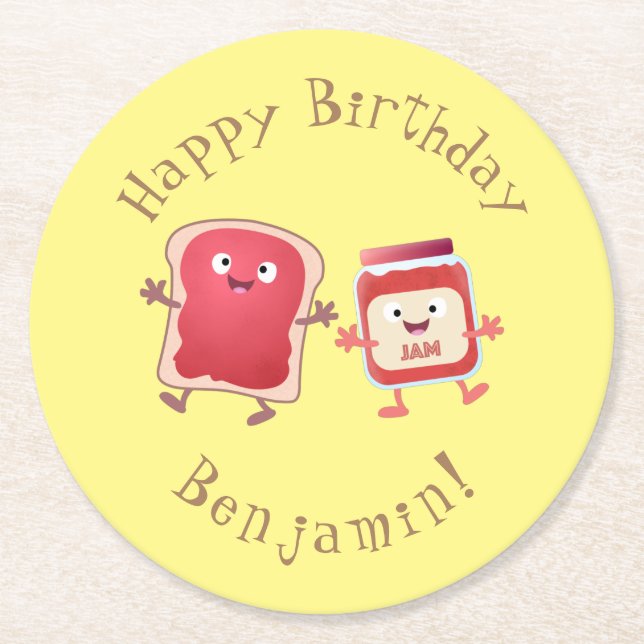 Funny bread and jam cartoon characters round paper coaster (Front)