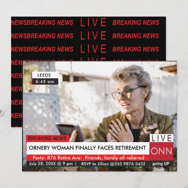 Funny Breaking News Retirement 🎉 Party   Invitation (Front/Back)