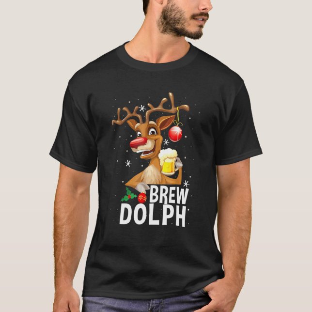 Funny Brew Dolph Reindeer Drinking Beer Matching C T-Shirt (Front)