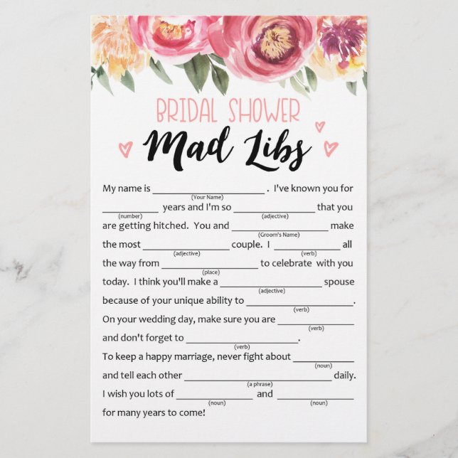Funny Bridal Shower or Hen Party game (Front)