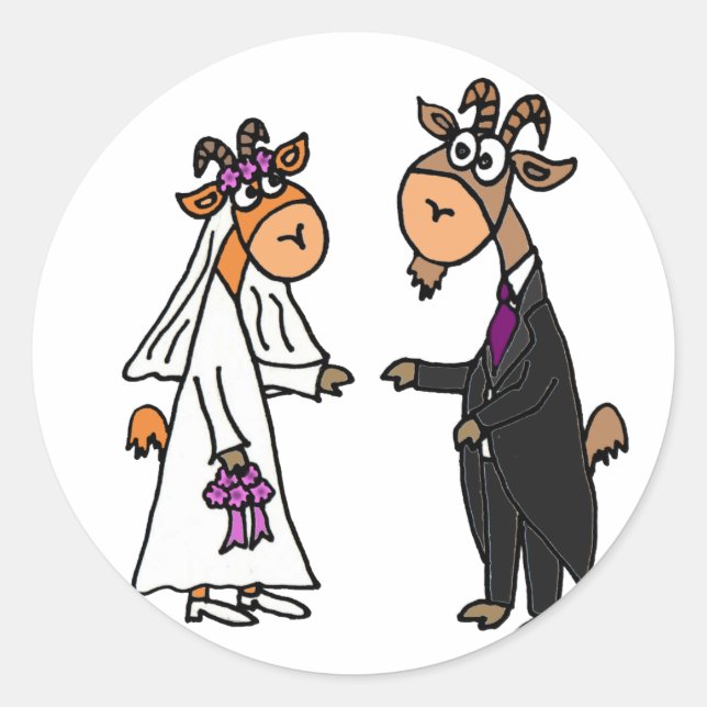 Funny Bride and Groom Goat Wedding Classic Round Sticker (Front)