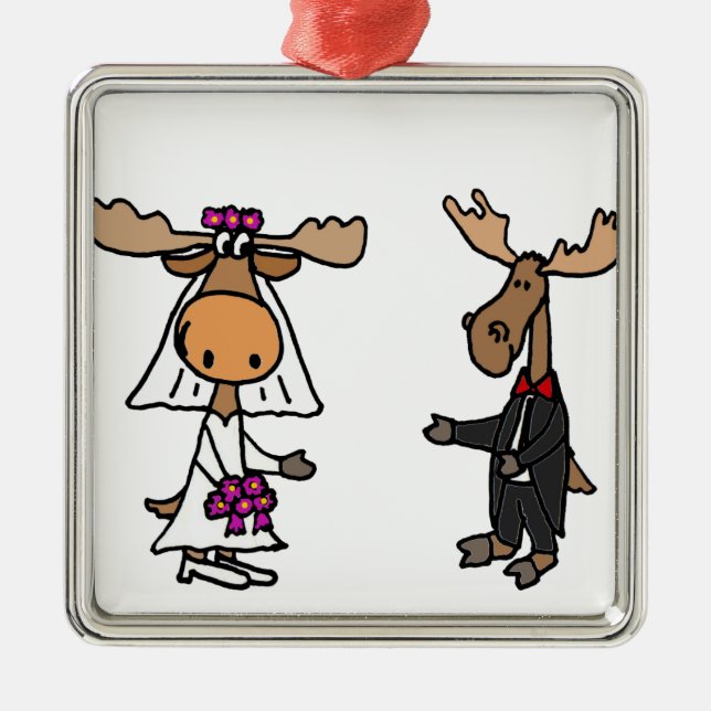 Funny Bride and Groom Moose Wedding Metal Tree Decoration (Front)