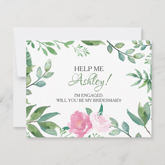 Funny BRIDESMAID PROPOSAL card, Greenery Pink Rose Invitation (Front)
