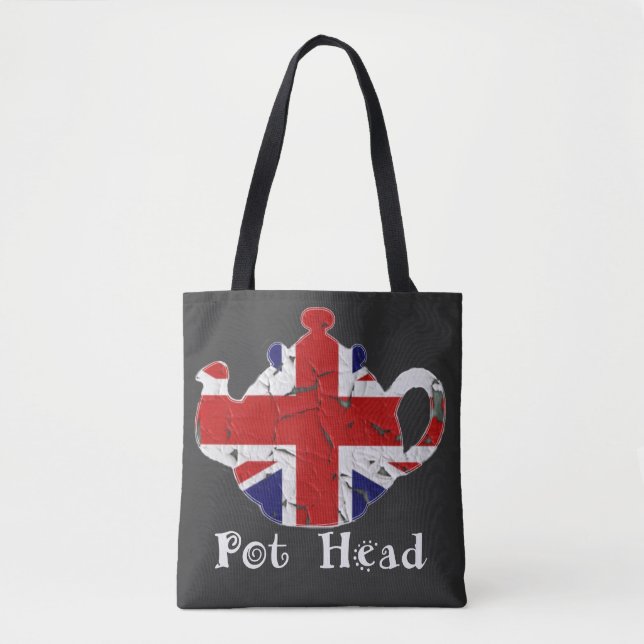 Funny British Teapot Pot Head Distressed Tote Bag (Front)