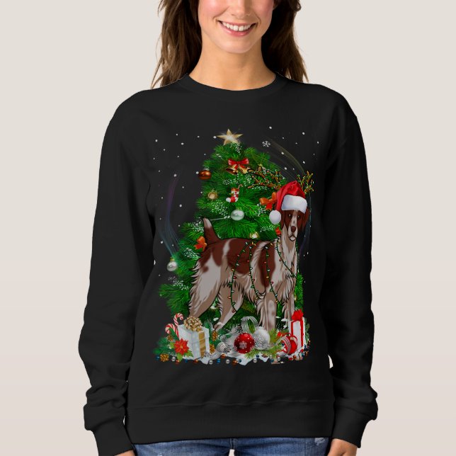 Funny Brittany Spaniel Christmas Tree Light Pajama Sweatshirt (Front)