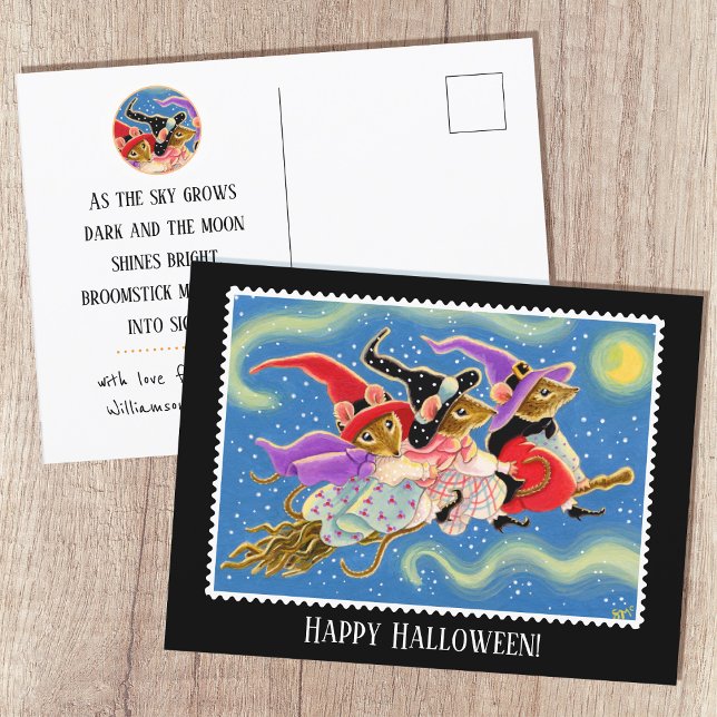 Funny Broomstick Mice Witch Mouse Halloween Fun Postcard (Creator Uploaded)