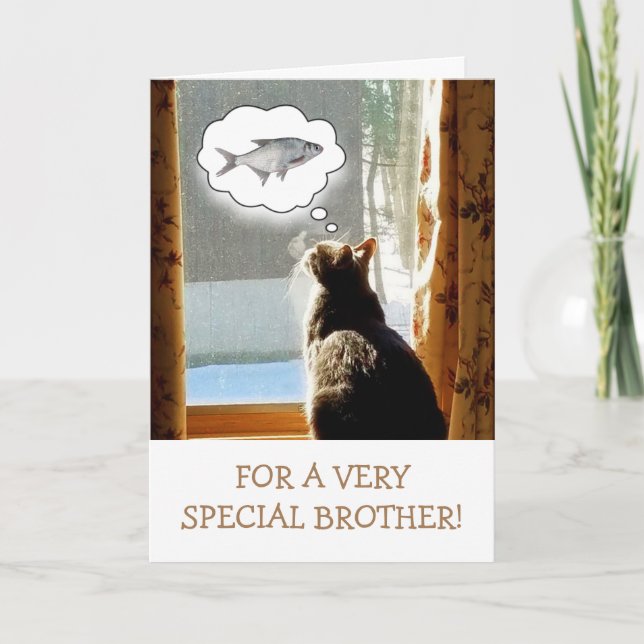Funny Brother Cat And Fish Birthday Card (Front)