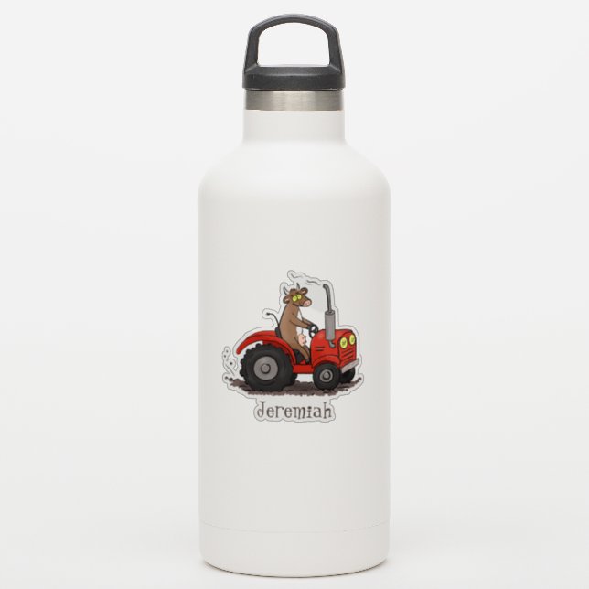 Funny brown cow driving red tractor cartoon (Waterbottle)