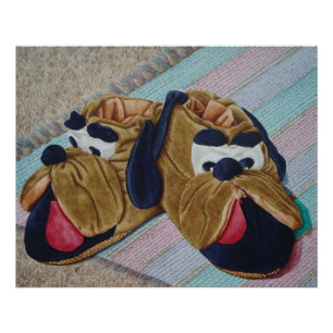 Funny brown dog slippers fun and unique still life poster