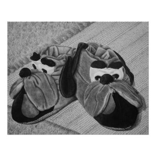 Funny brown dog slippers still life painting poster