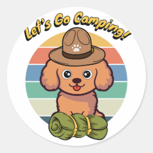 Funny brown dog wants to go camping classic round sticker