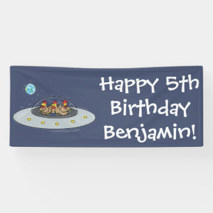 Funny brown farmyard chickens in space cartoon banner