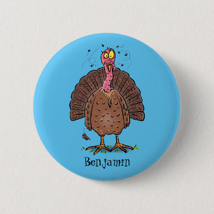 Funny brown farmyard turkey with flies cartoon 6 cm round badge