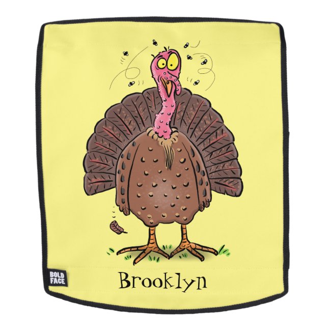 Funny brown farmyard turkey with flies cartoon backpack (Removable Face)