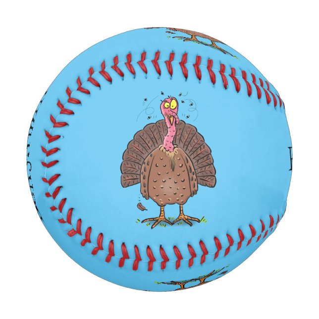 Funny brown farmyard turkey with flies cartoon baseball (Front Left)