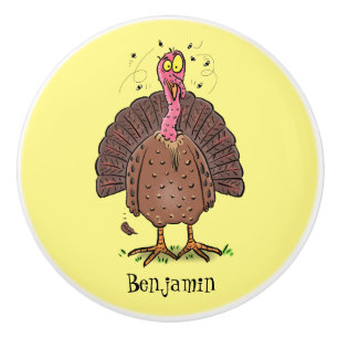 Funny brown farmyard turkey with flies cartoon ceramic knob