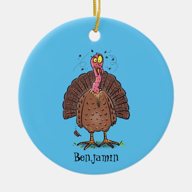 Funny brown farmyard turkey with flies cartoon ceramic tree decoration (Front)