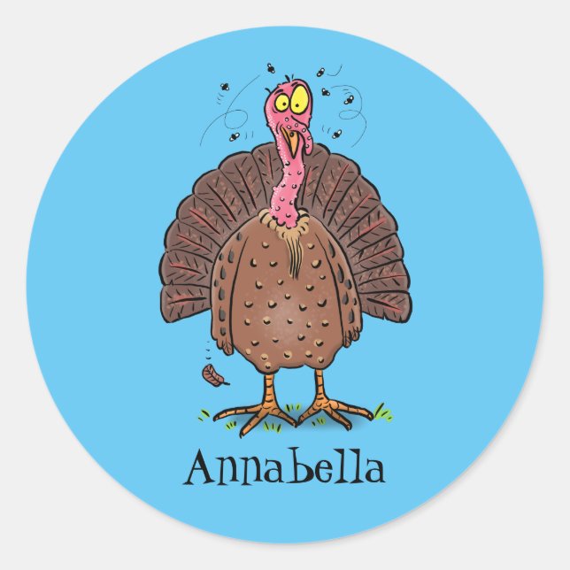 Funny brown farmyard turkey with flies cartoon classic round sticker (Front)