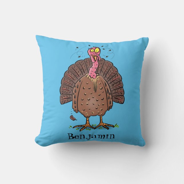 Funny brown farmyard turkey with flies cartoon cushion (Front)