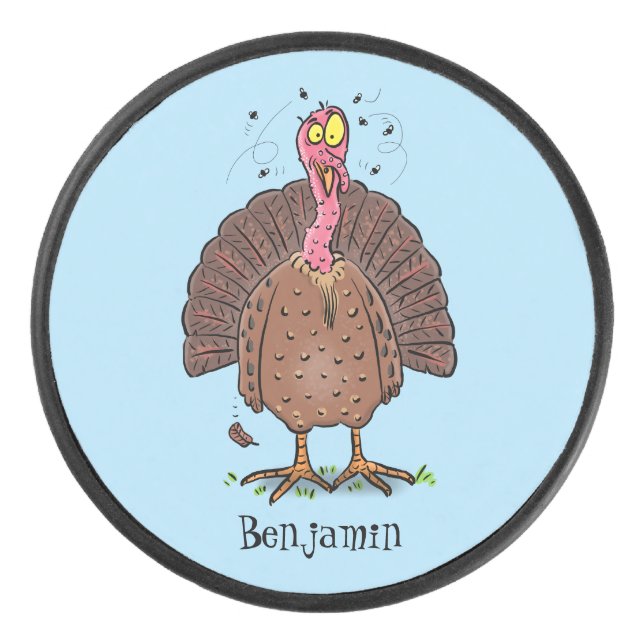 Funny brown farmyard turkey with flies cartoon hockey puck (Front)