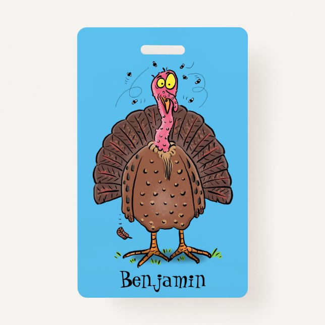 Funny brown farmyard turkey with flies cartoon ID badge (Front)