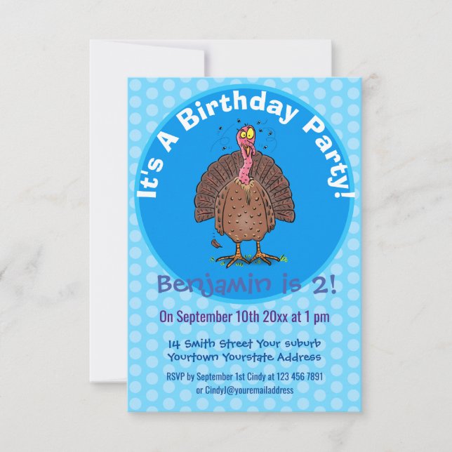 Funny brown farmyard turkey with flies cartoon invitation (Front)