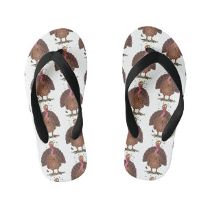 Funny brown farmyard turkey with flies cartoon kid's flip flops