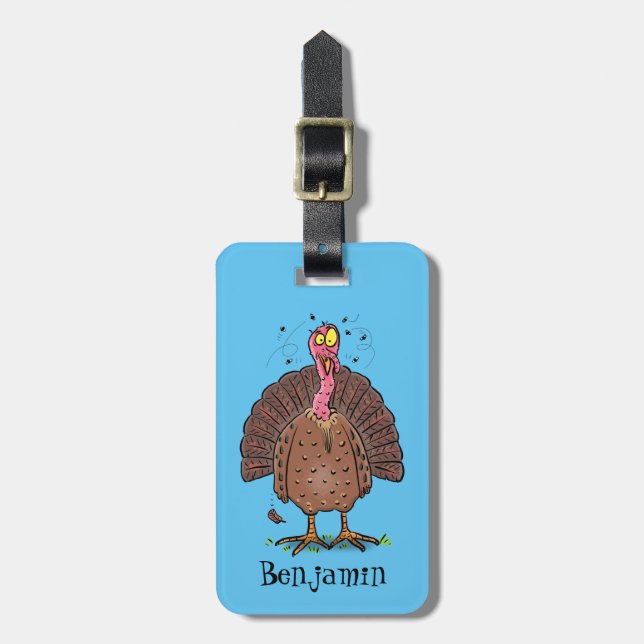 Funny brown farmyard turkey with flies cartoon luggage tag (Front Vertical)