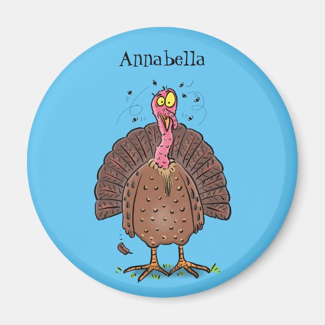 Funny brown farmyard turkey with flies cartoon magnet (Front)