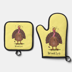 Funny brown farmyard turkey with flies cartoon oven mitt & pot holder set