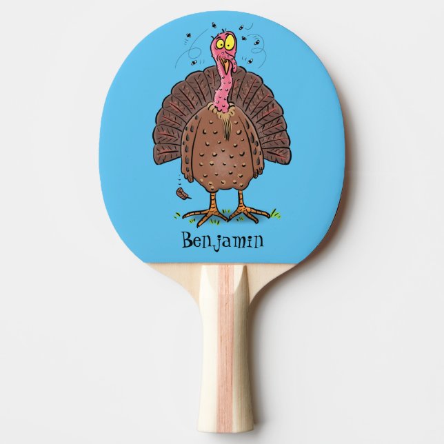 Funny brown farmyard turkey with flies cartoon ping pong paddle (Front)