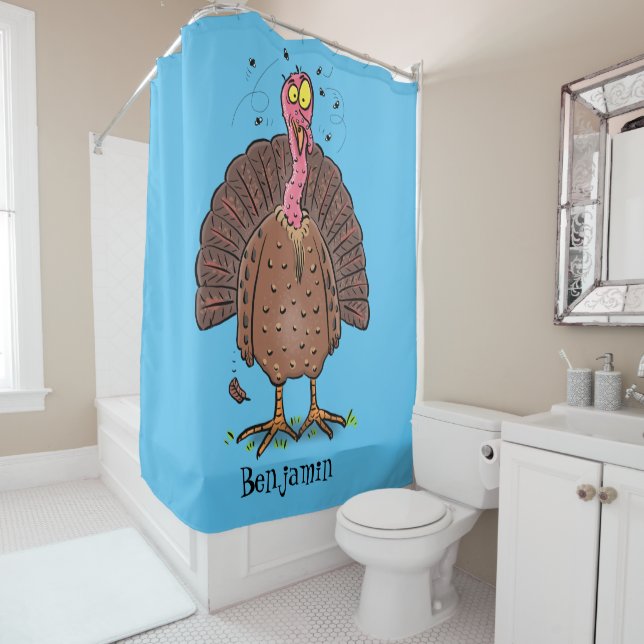 Funny brown farmyard turkey with flies cartoon shower curtain (In Situ)