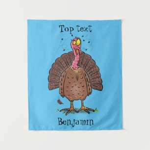 Funny brown farmyard turkey with flies cartoon tapestry